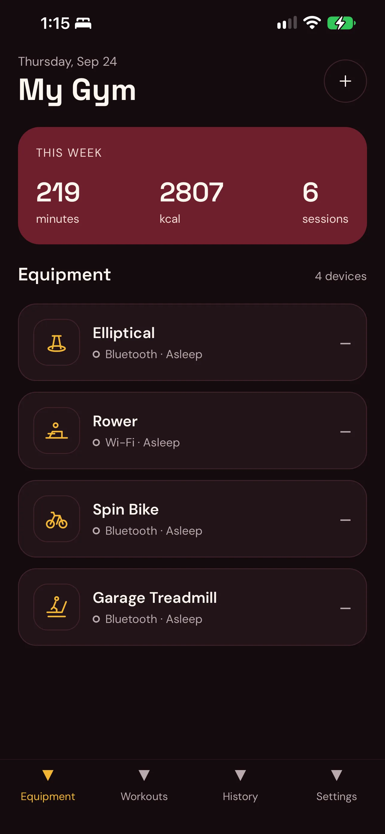 Home dashboard with this week's totals and every paired machine
