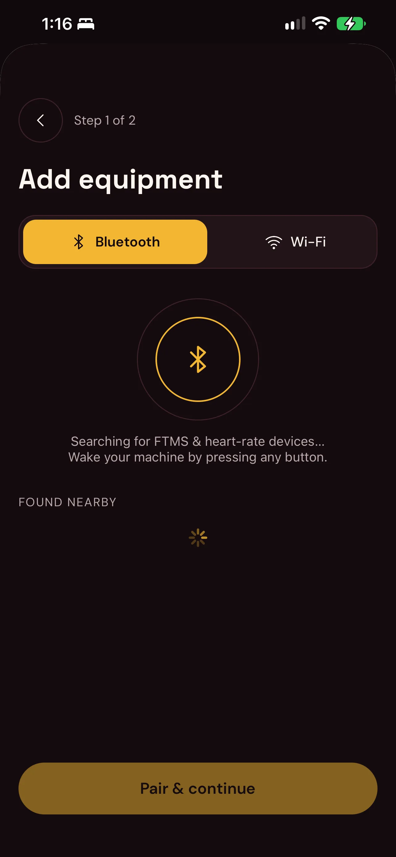 Pairing flow that scans for FTMS machines and heart-rate monitors over Bluetooth or Wi-Fi