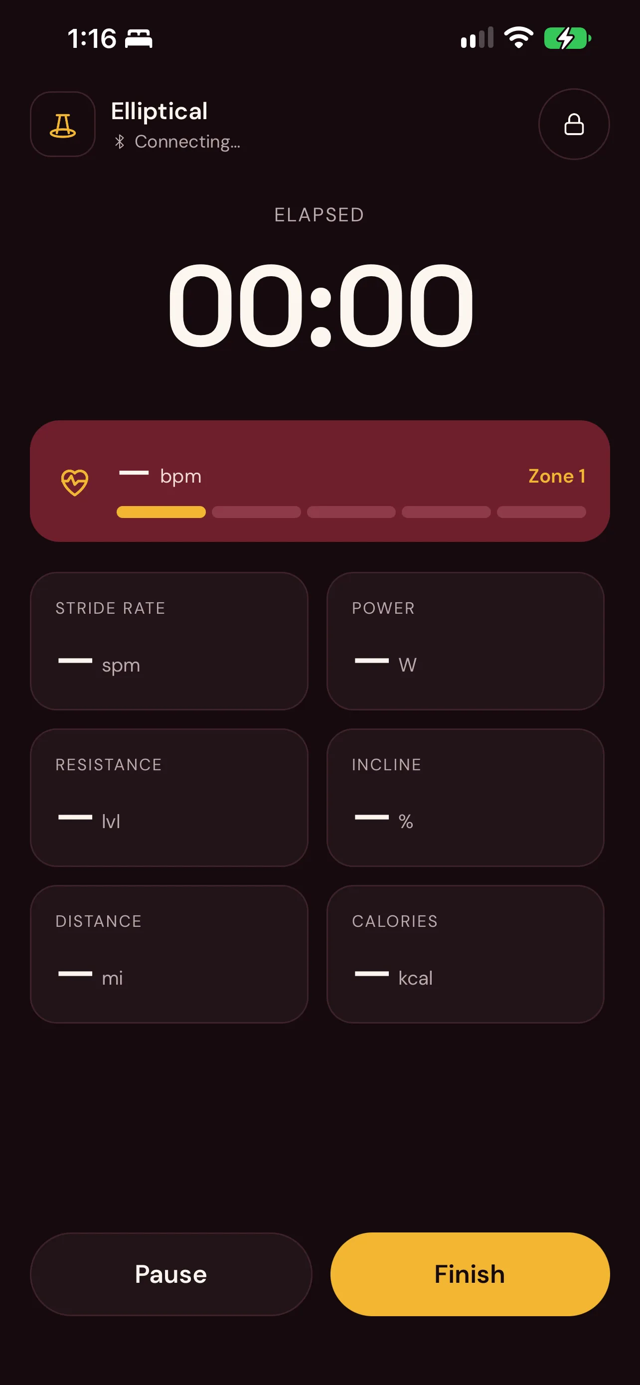 Live session view with heart-rate zone, stride rate, power, resistance, incline, distance, and calories