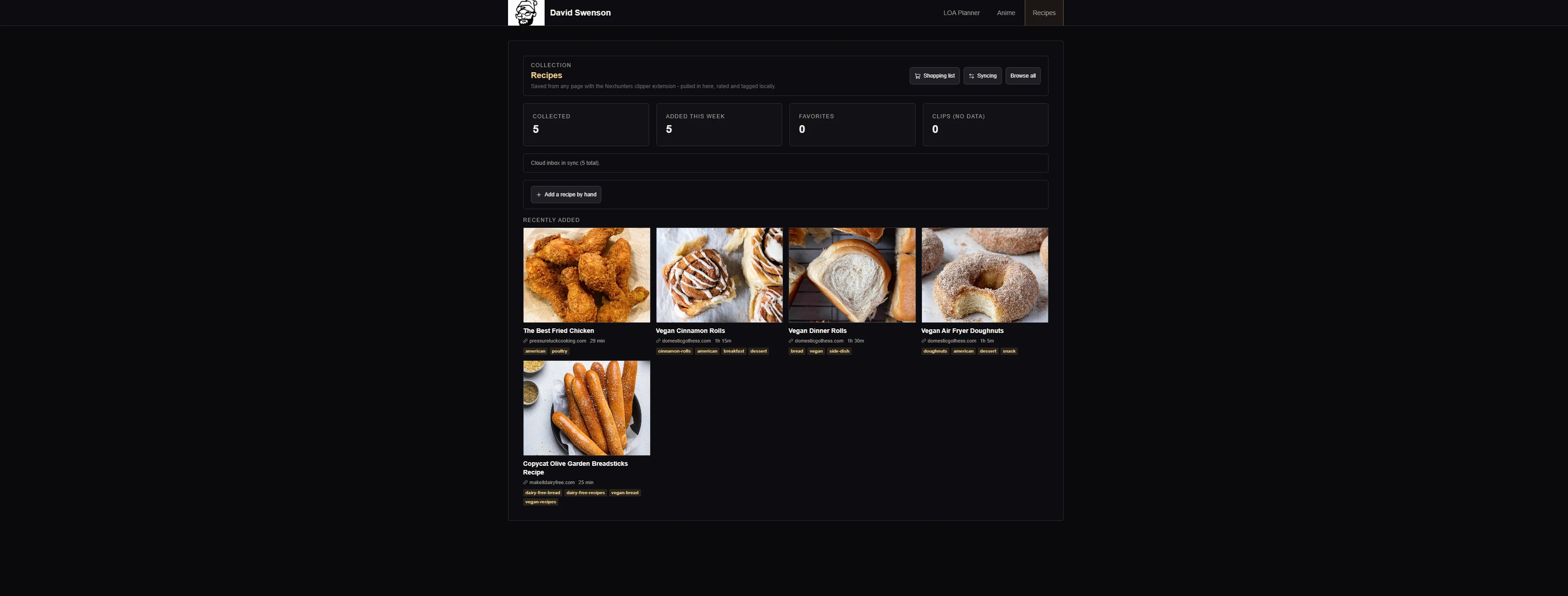 Collection dashboard with sync status and recently clipped recipes, tagged by source and cook time